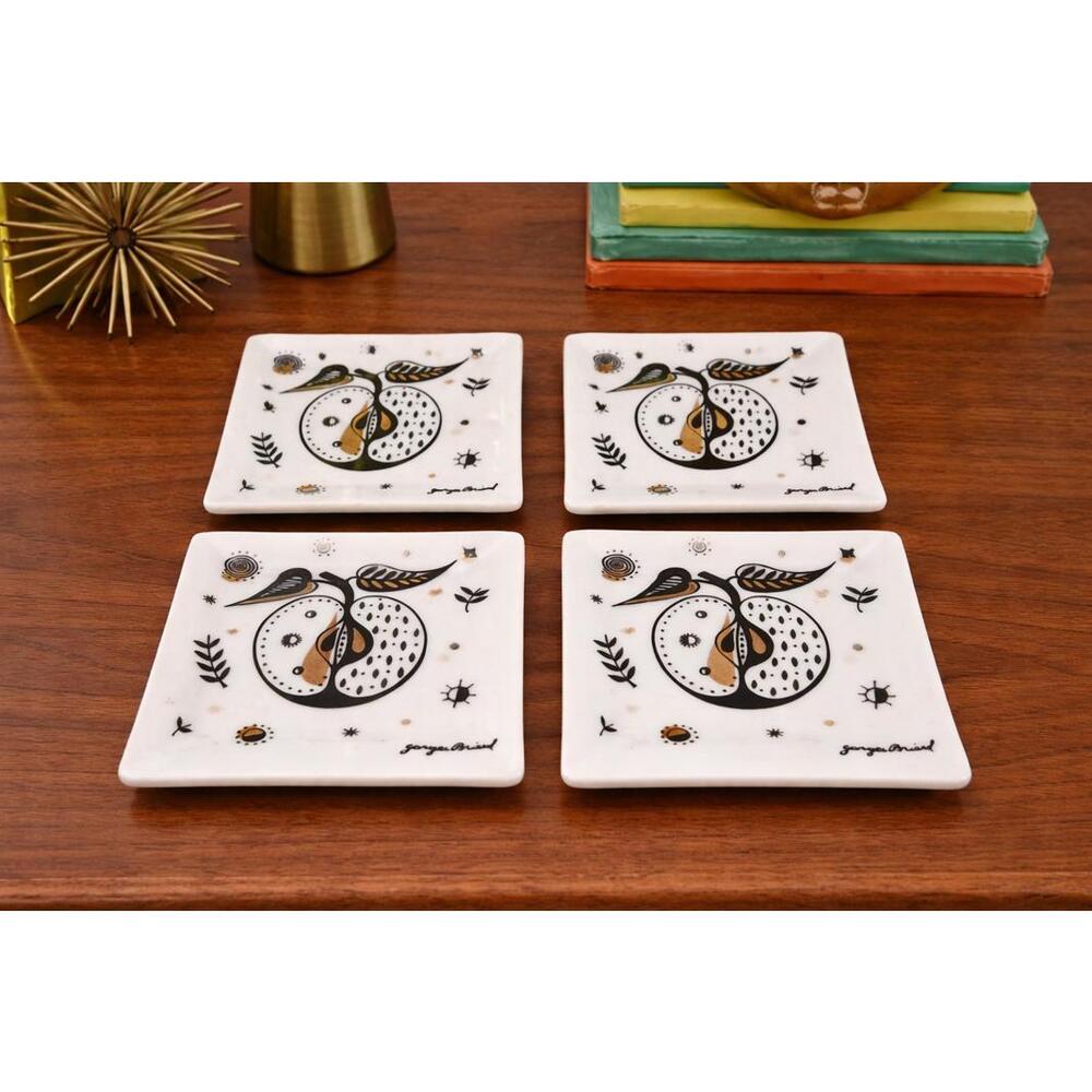 Georges Briard Forbidden Fruit 4 Piece Milk Glass Black Gold Apple Trinket Trays